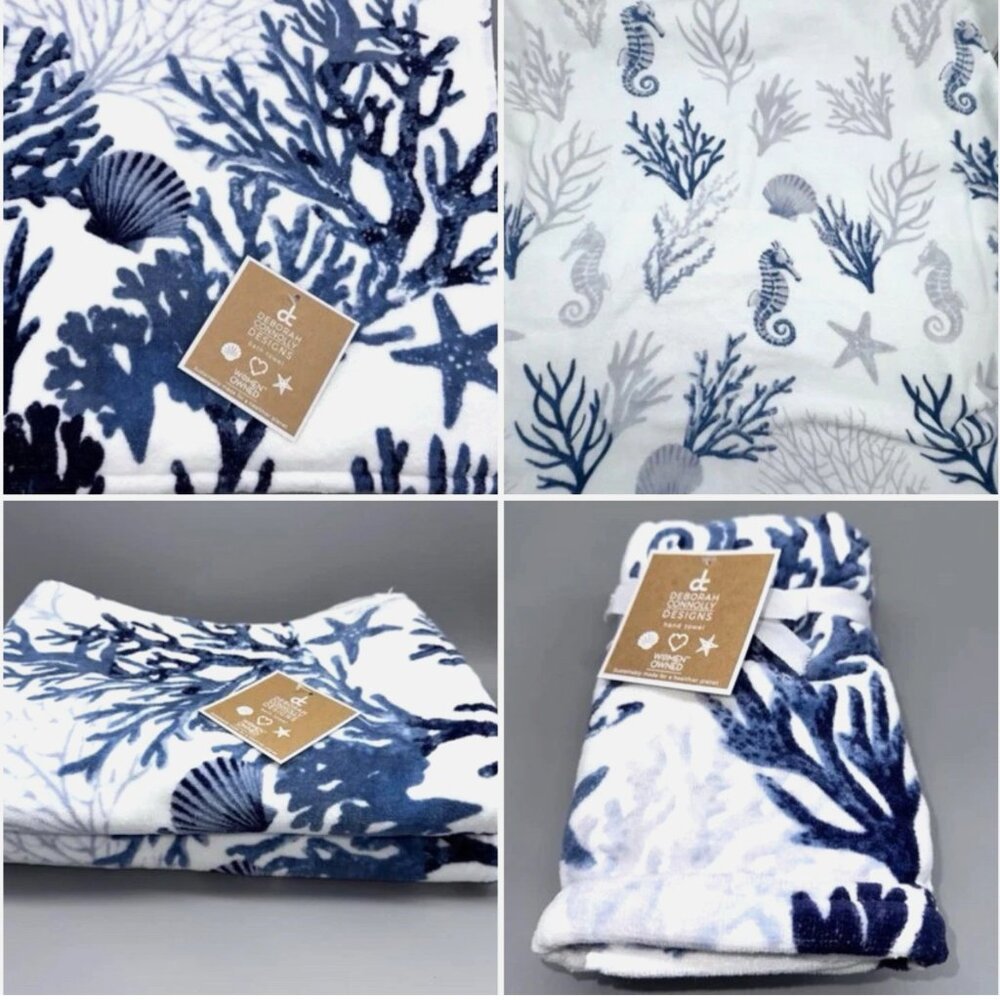 4pc Deborah Connolly 2 Bath and 2 Hand Towel Set Coral Starfish Shell Seahorse